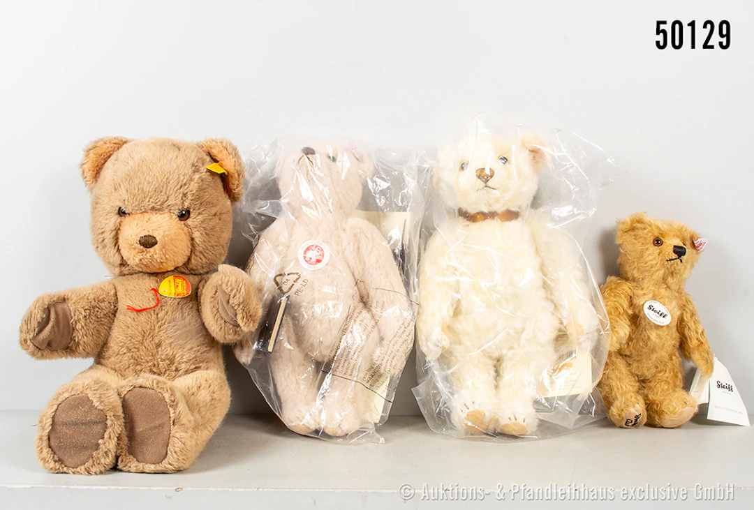 Steiff Teddybären, 3x Mohair, 1x Plüsch, Jubiläumsbär "Sorty", KFS