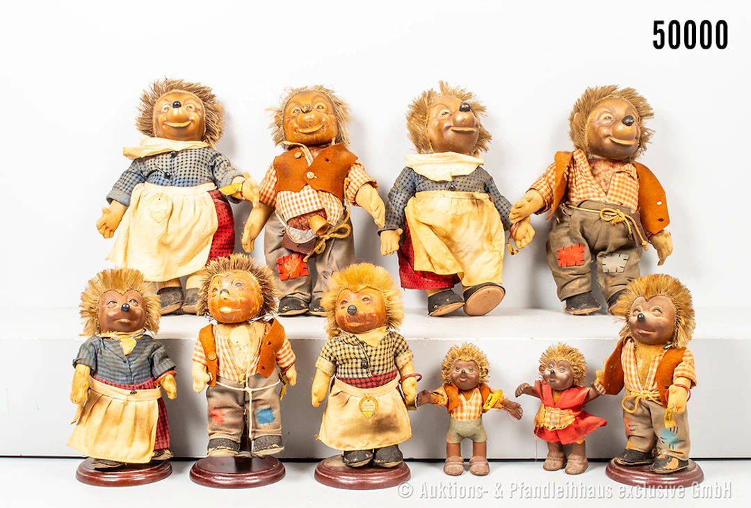 Konv. Steiff Igel, Mecki, Micki, Macki und Mucki, Gummi/ Filz, Stoffkleidung