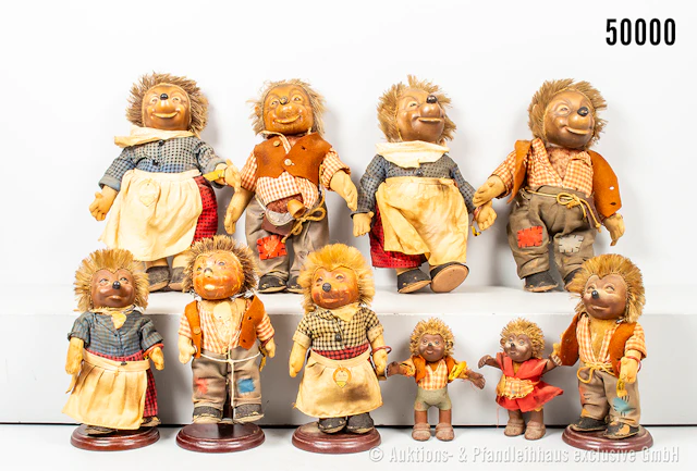 Konv. Steiff Igel, Mecki, Micki, Macki und Mucki, Gummi/ Filz, Stoffkleidung