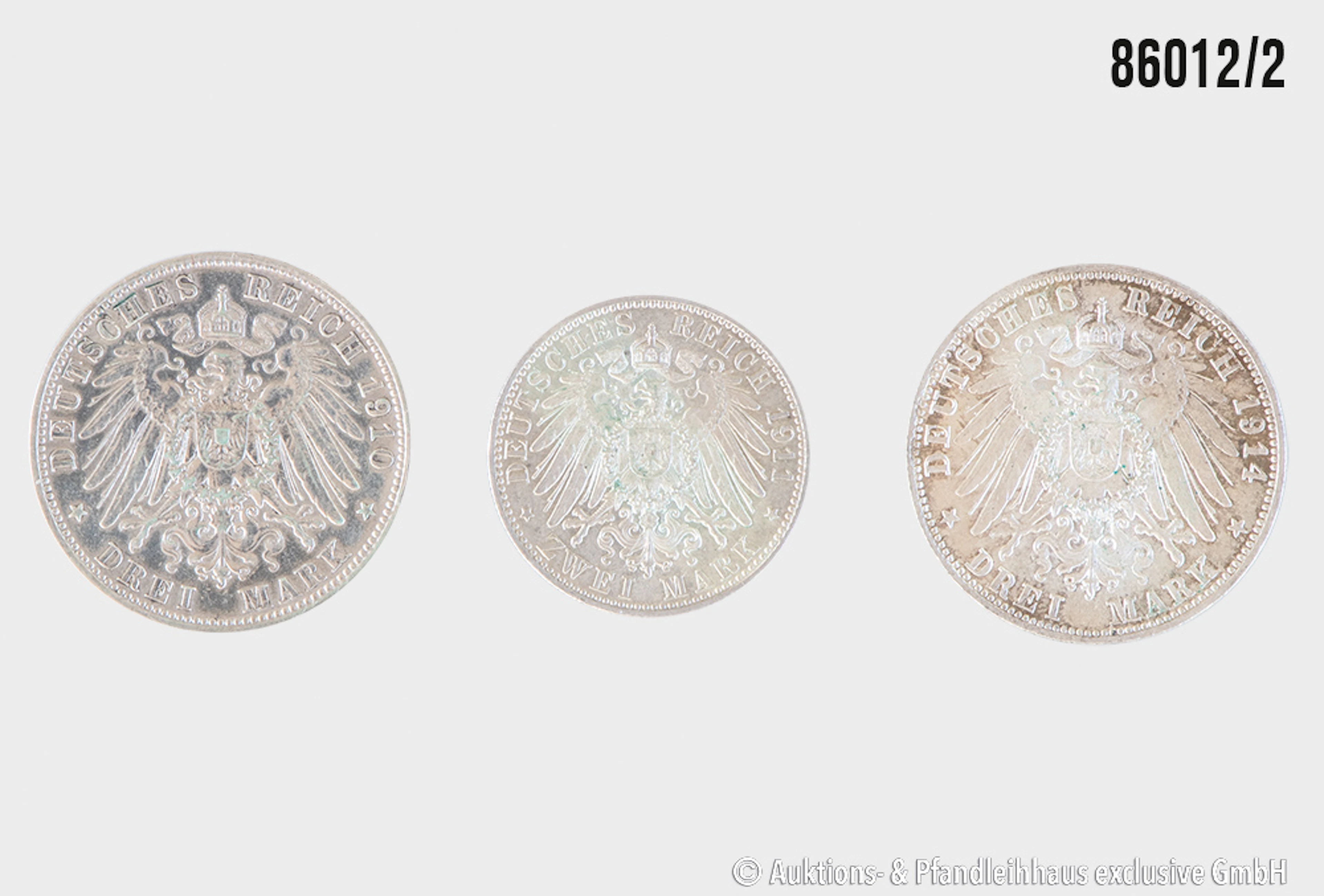 Kaiserreich Bayern 3 Münzen, 1x 2 Mark 1911 D Luitpold 90 Geb. Tag