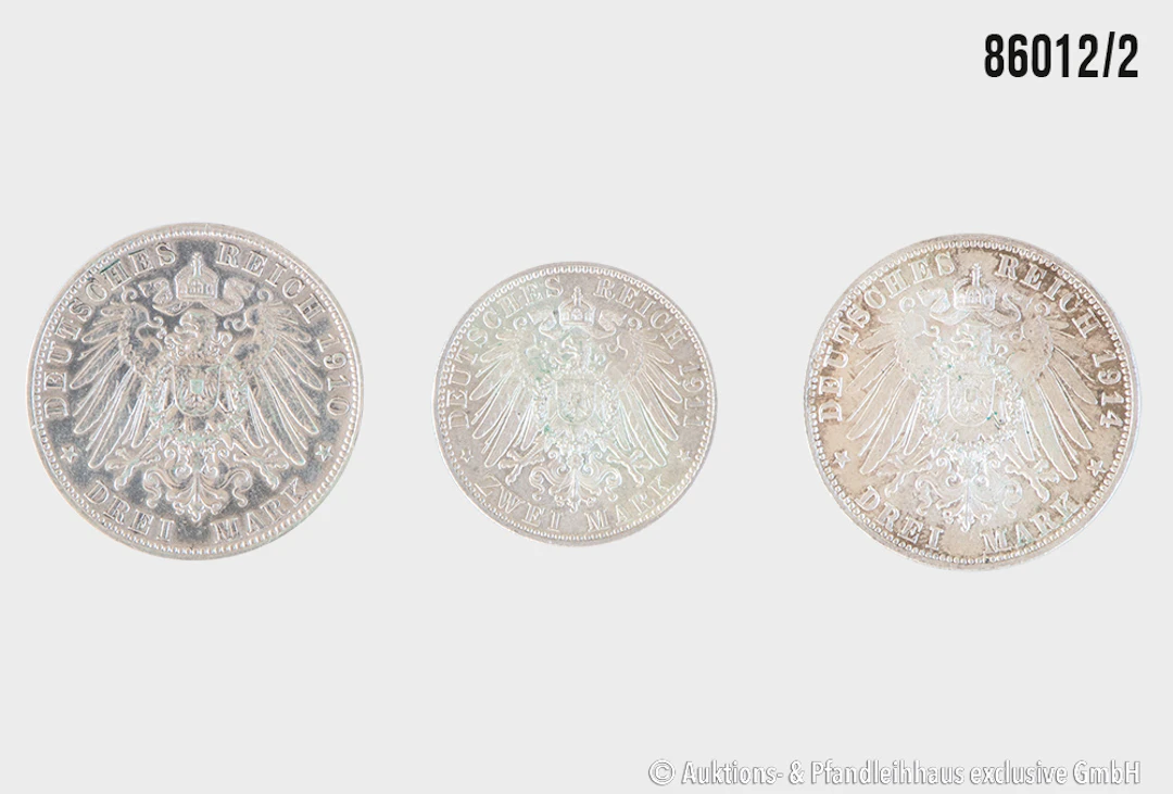 Kaiserreich Bayern 3 Münzen, 1x 2 Mark 1911 D Luitpold 90 Geb. Tag