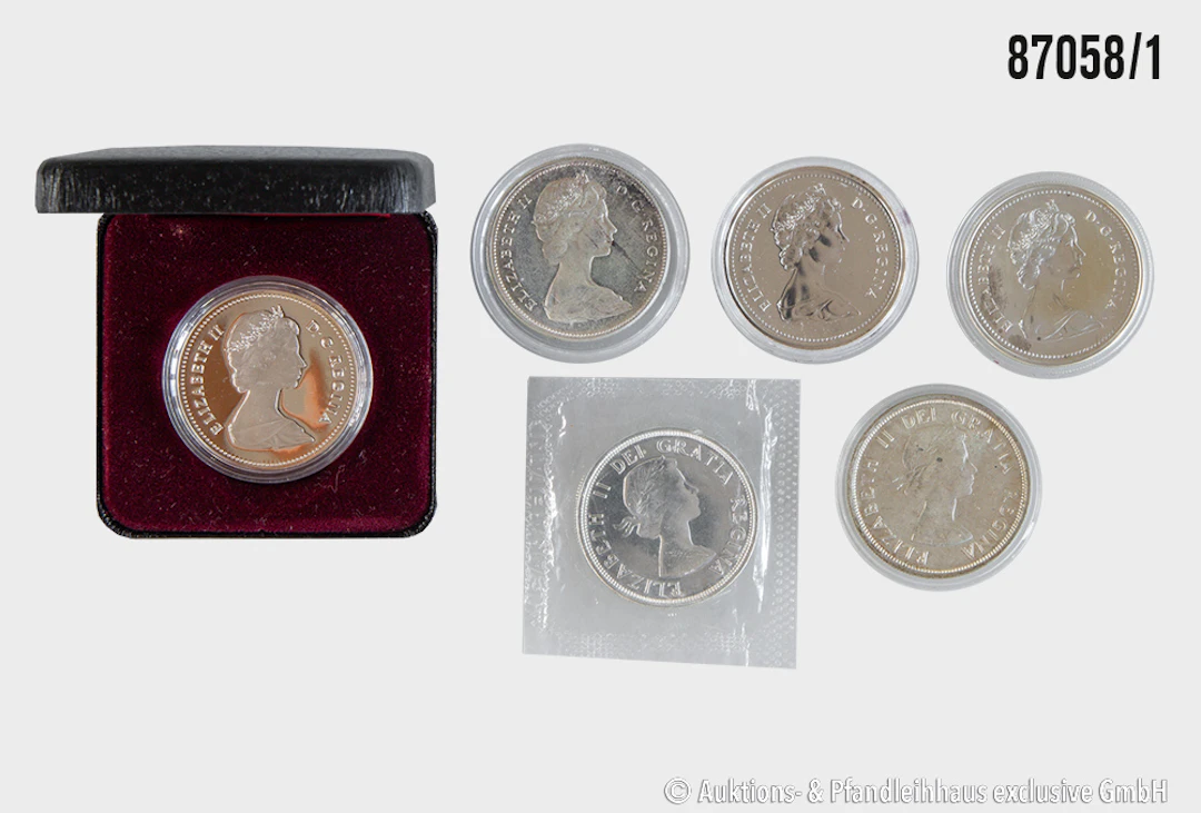 Kanada Konvolut 6x 1 Dollar, 1x 1958 Silber 800, 23,44 g, 1x 1967