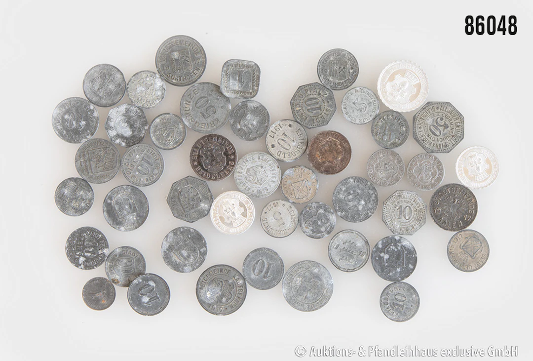 Konvolut Städtenotgeld / Kriegsgeld 46 Münzen v. 1 Pf. bis 50 Pf.