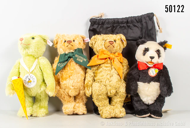 Steiff Teddybären, teils Replika, Mohair, Schulanfänger-Bär (Schultasche