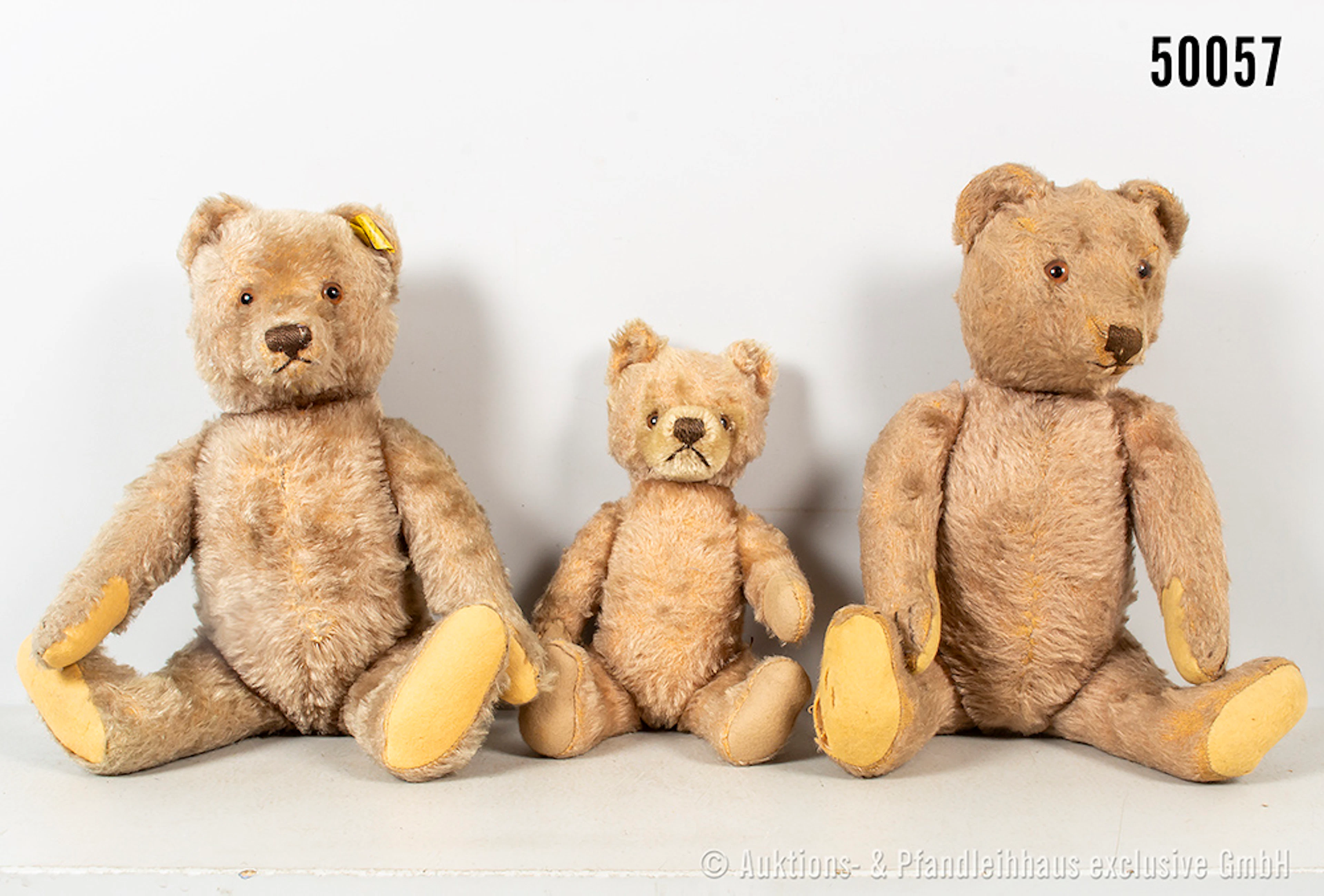 3 alte Teddys, Mohair, wohl alle Steiff, 1950er Jahre, 1x KF, Nr.