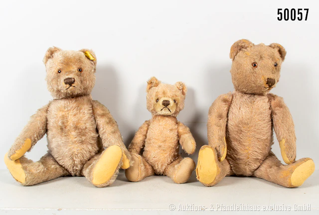 3 alte Teddys, Mohair, wohl alle Steiff, 1950er Jahre, 1x KF, Nr.
