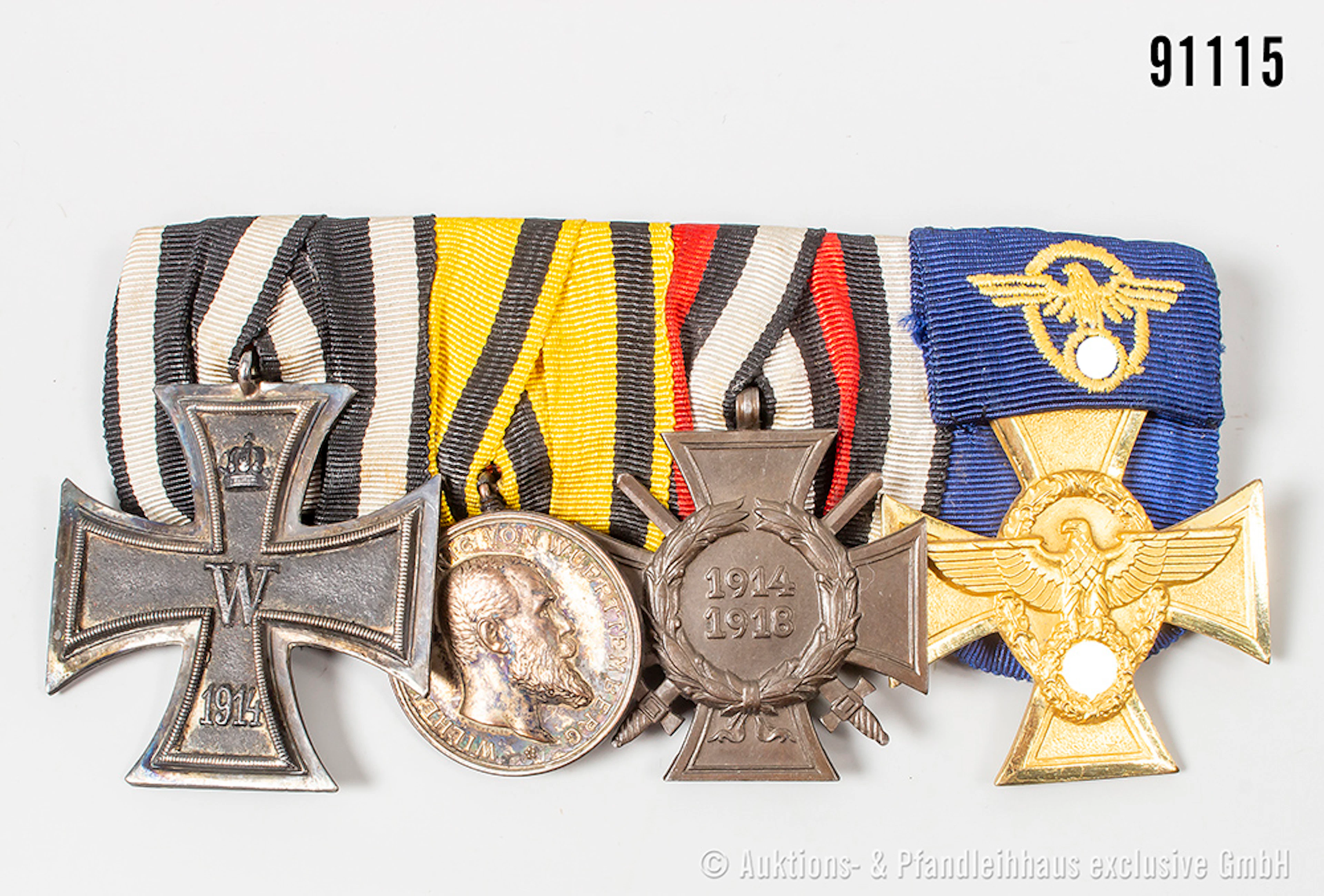 4er Ordensspange EK 2 1914, Württemberg Tapferkeitsmedaille, EKF und