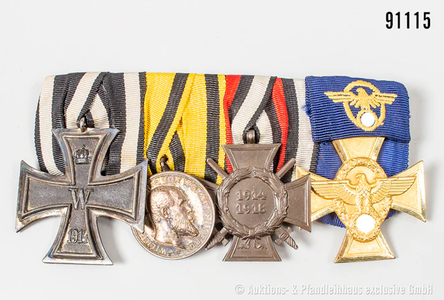 4er Ordensspange EK 2 1914, Württemberg Tapferkeitsmedaille, EKF und
