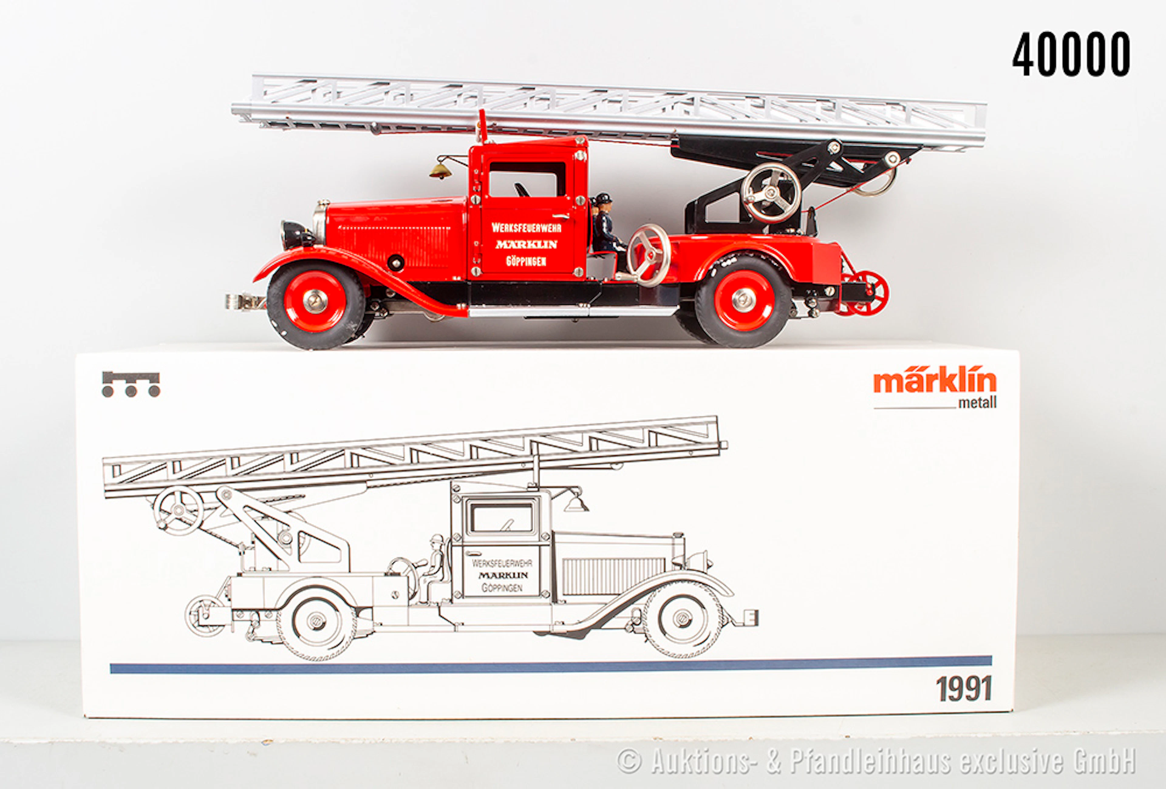 Märklin 1991 Werksfeuerwehr, Blech, L 45 cm, Uhrwerk intakt, Räder