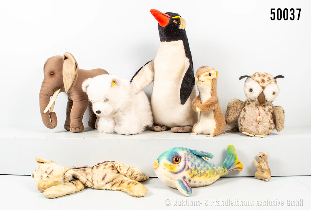 Steiff Tiere, Mohair/ Samt, dabei Elefant, Eisbär, Pinguin usw., 2x