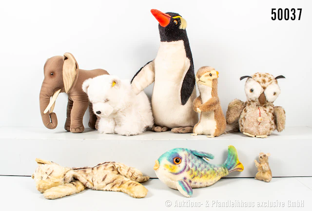 Steiff Tiere, Mohair/ Samt, dabei Elefant, Eisbär, Pinguin usw., 2x