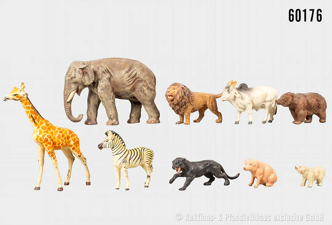 Tiere, u.a. Elefant, Strauß, Schwein, Zebra, L bis 17 cm, u.a. Lineol