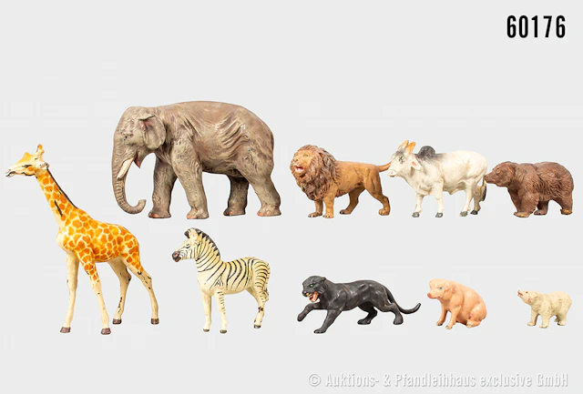Tiere, u.a. Elefant, Strauß, Schwein, Zebra, L bis 17 cm, u.a. Lineol