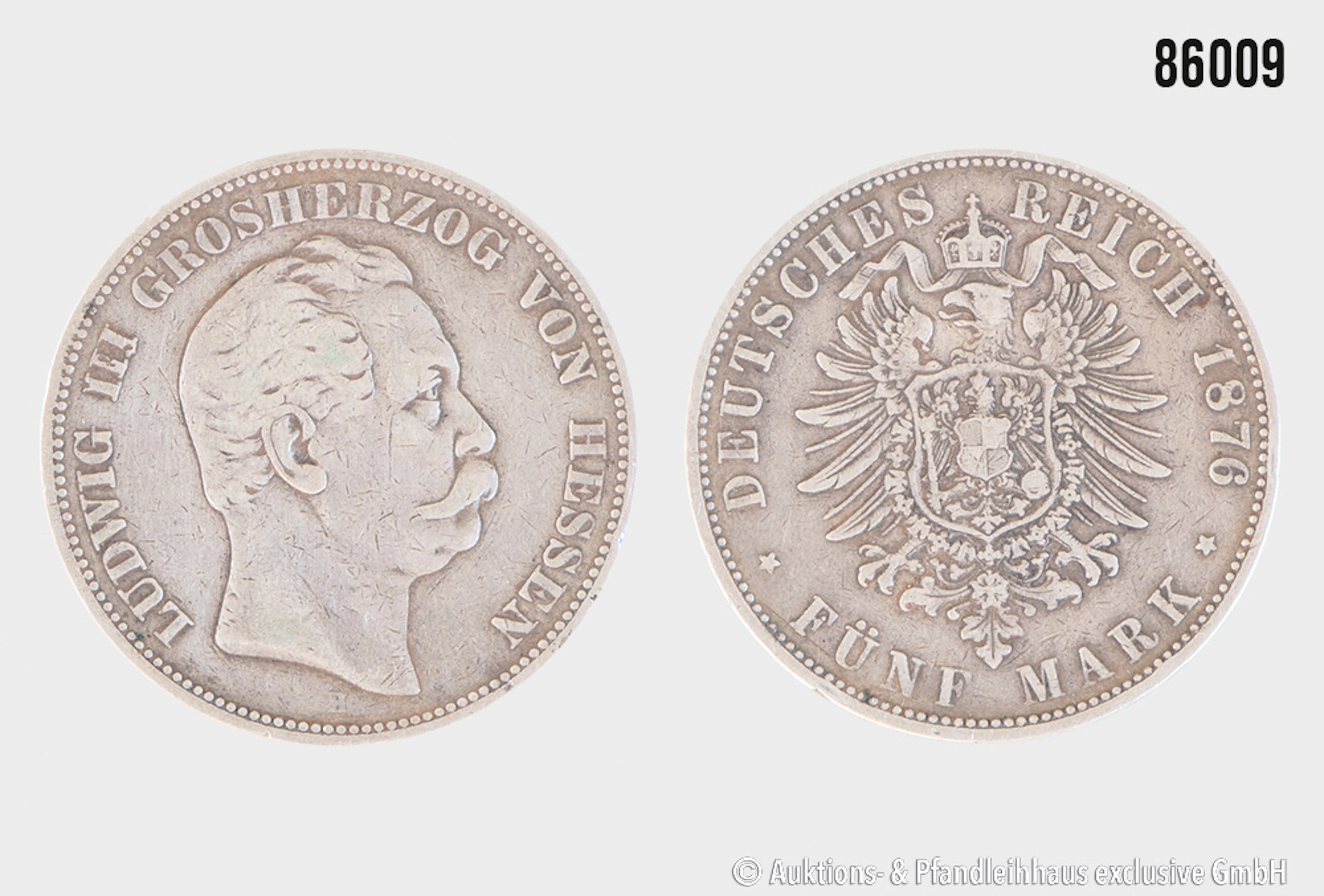 Kaiserreich Hessen 5 Mark 1876 H, Silber 900, 27,53 g, Zust. s