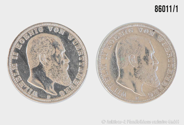 Kaiserreich Konvolut Württemberg 2 Münzen 1x 3 Mark 1909 F, 1x 3 Mark