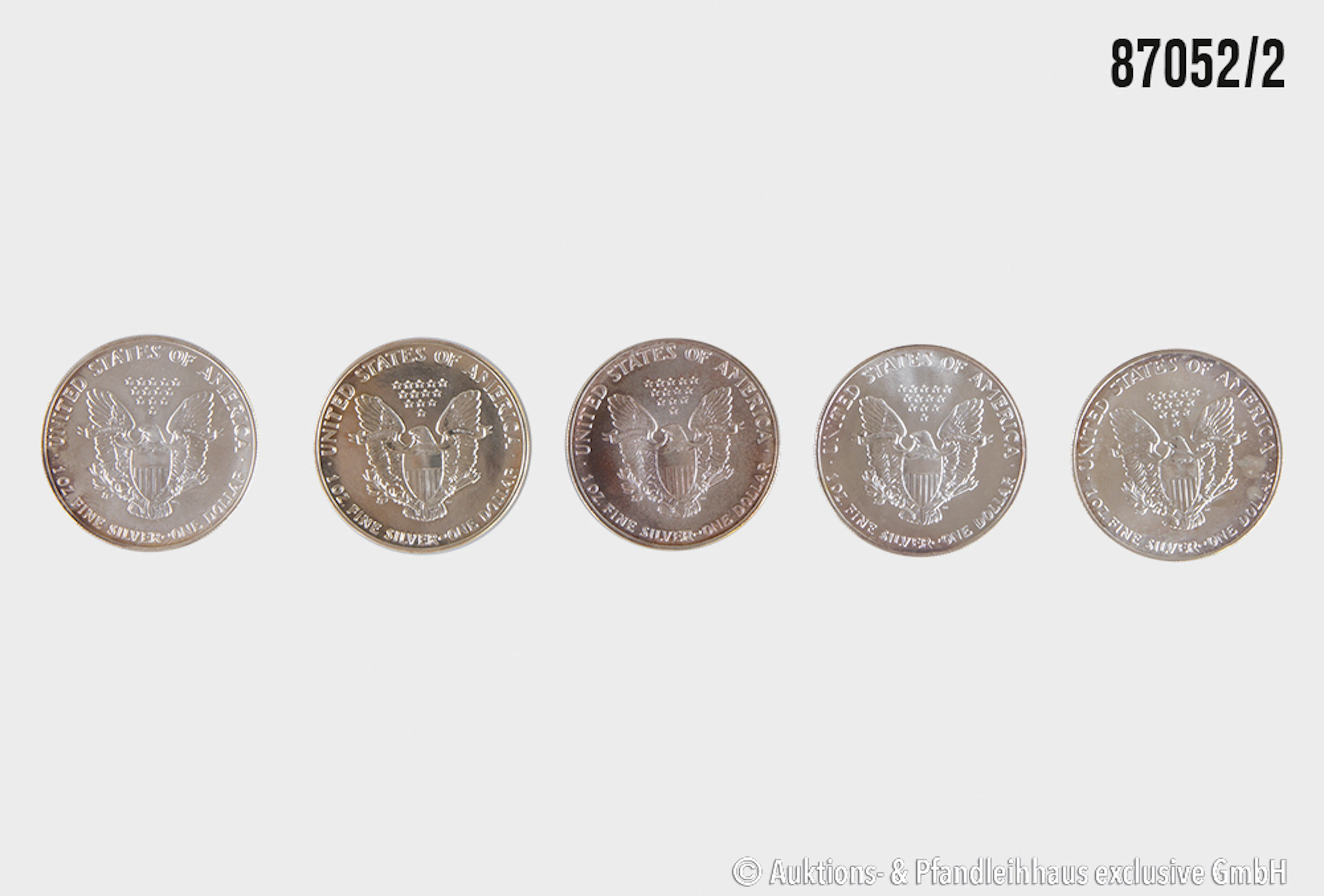 USA 5x 1 Dollar 1x 1988, 3x 1991, 1x 1992 Silber 999, jeweils 1 Unze, Zust. vz