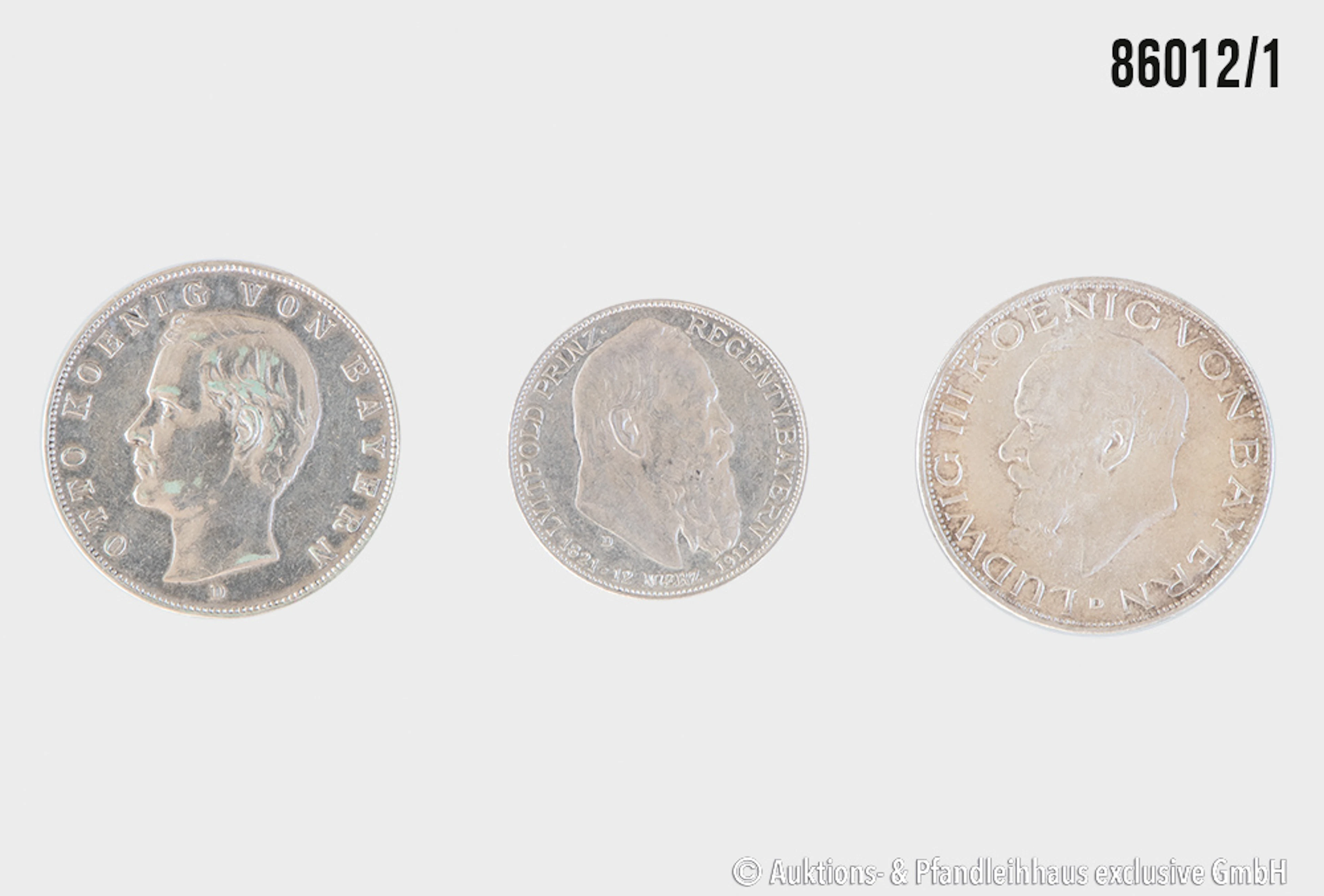 Kaiserreich Bayern 3 Münzen, 1x 2 Mark 1911 D Luitpold 90 Geb. Tag