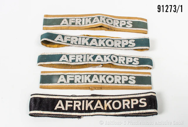 Konv. 5 Ärmelbänder Afrikakorps, davon 3 x konfektioniert und 1 x