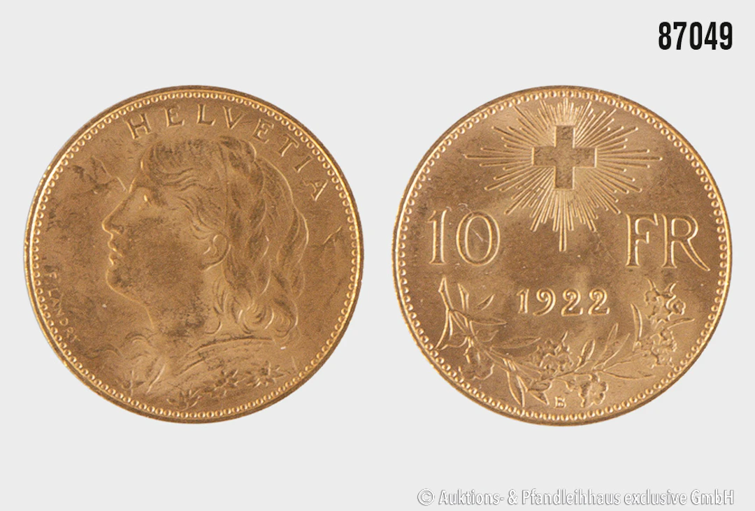 Schweiz 10 Franken 1922, Gold 900, 3,23 g, Zust. ss-vz