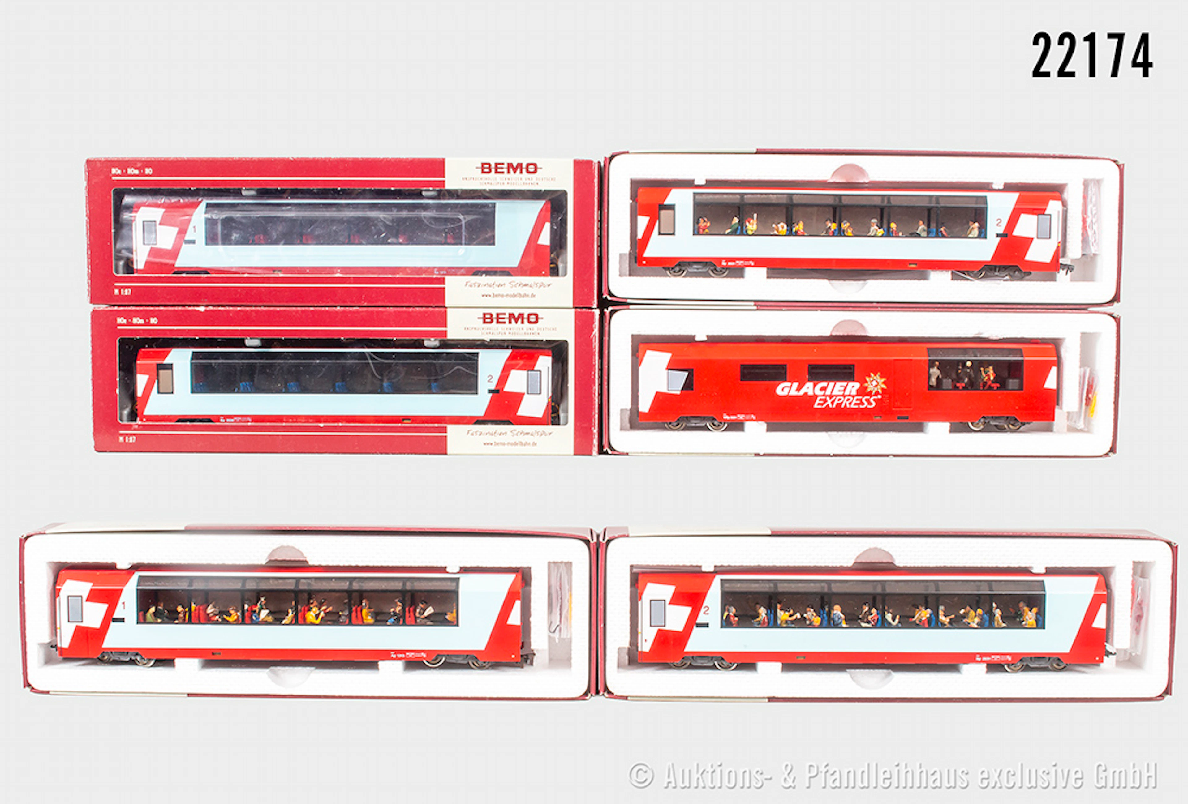 Bemo H0m: 6x Glacier-Panaromawagen, MGB, 4x mit Figuren, Z 1-3, OVP