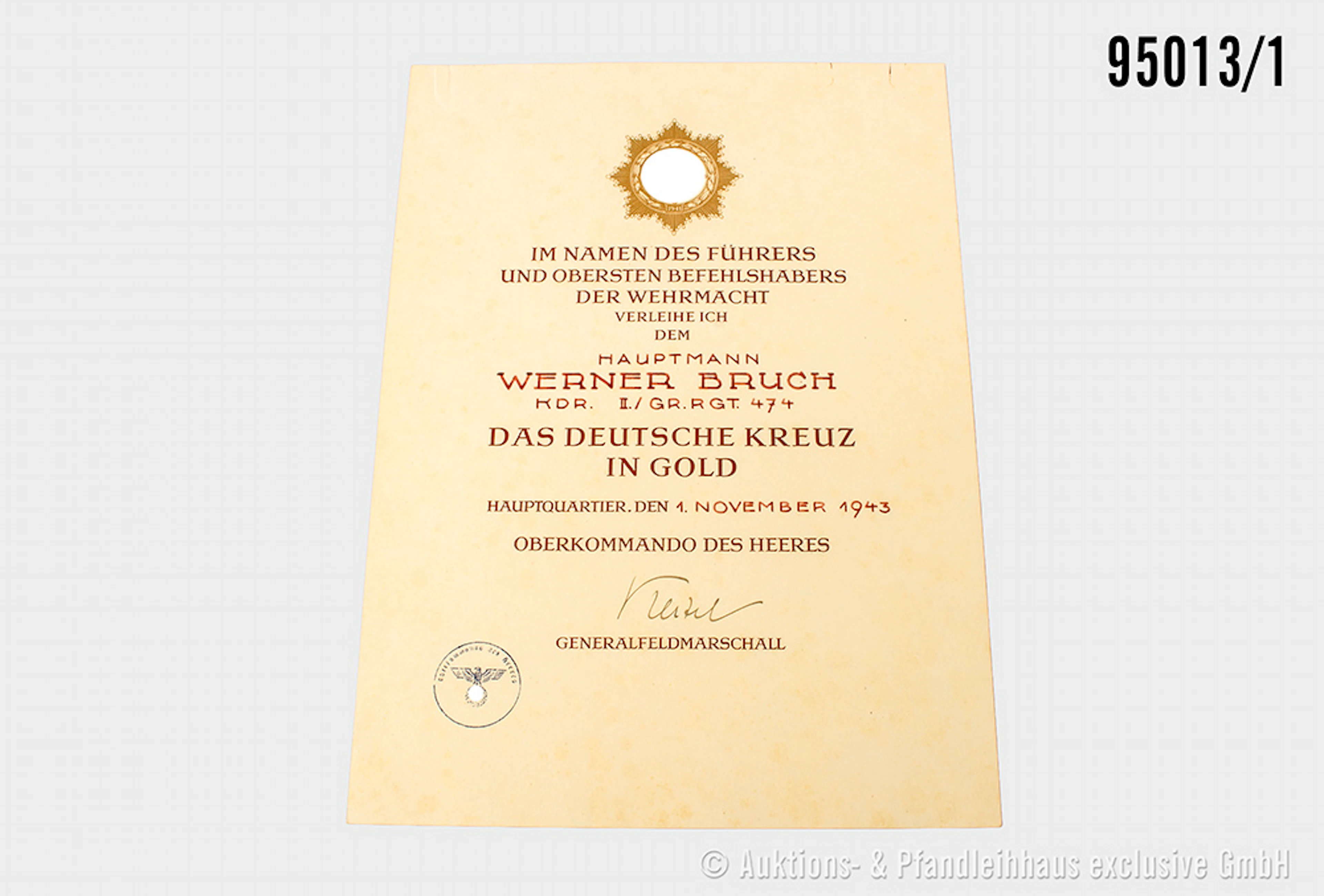 Große Verleihungsurkunde für das Deutsche Kreuz in Gold, 1. Nov. 1943