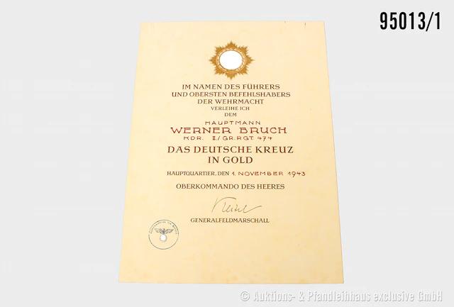Große Verleihungsurkunde für das Deutsche Kreuz in Gold, 1. Nov. 1943