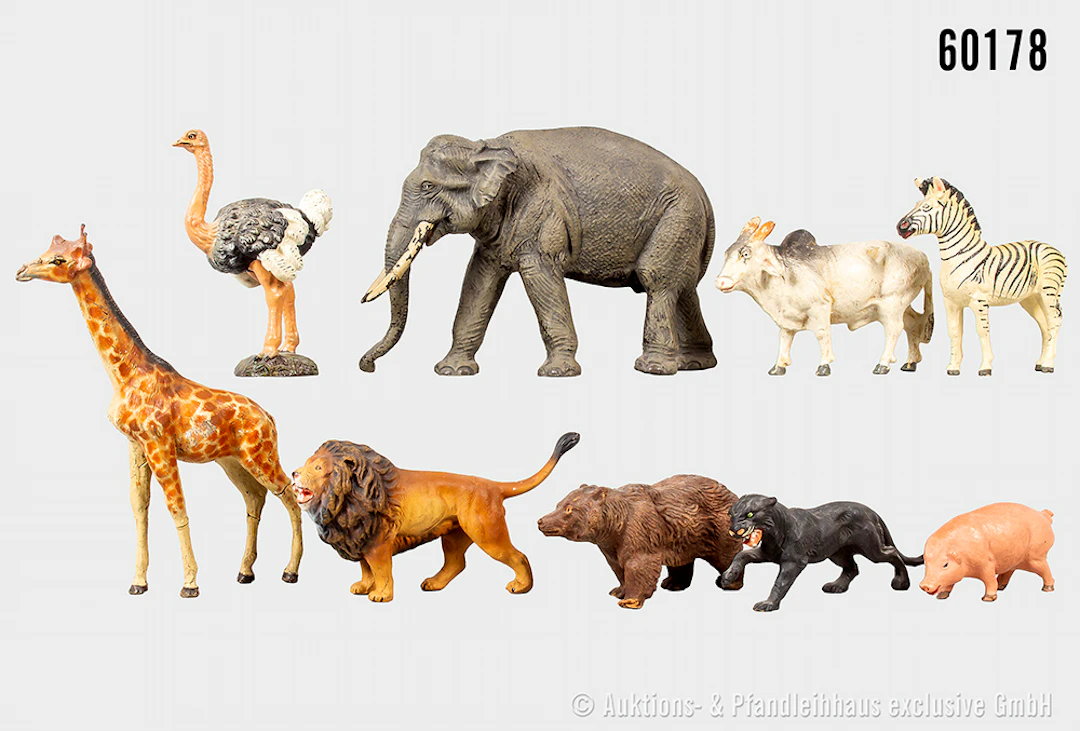 Tiere, u.a., Elefant, Strauß, Bär, Giraffe, L bis 19 cm, u.a. Lineol