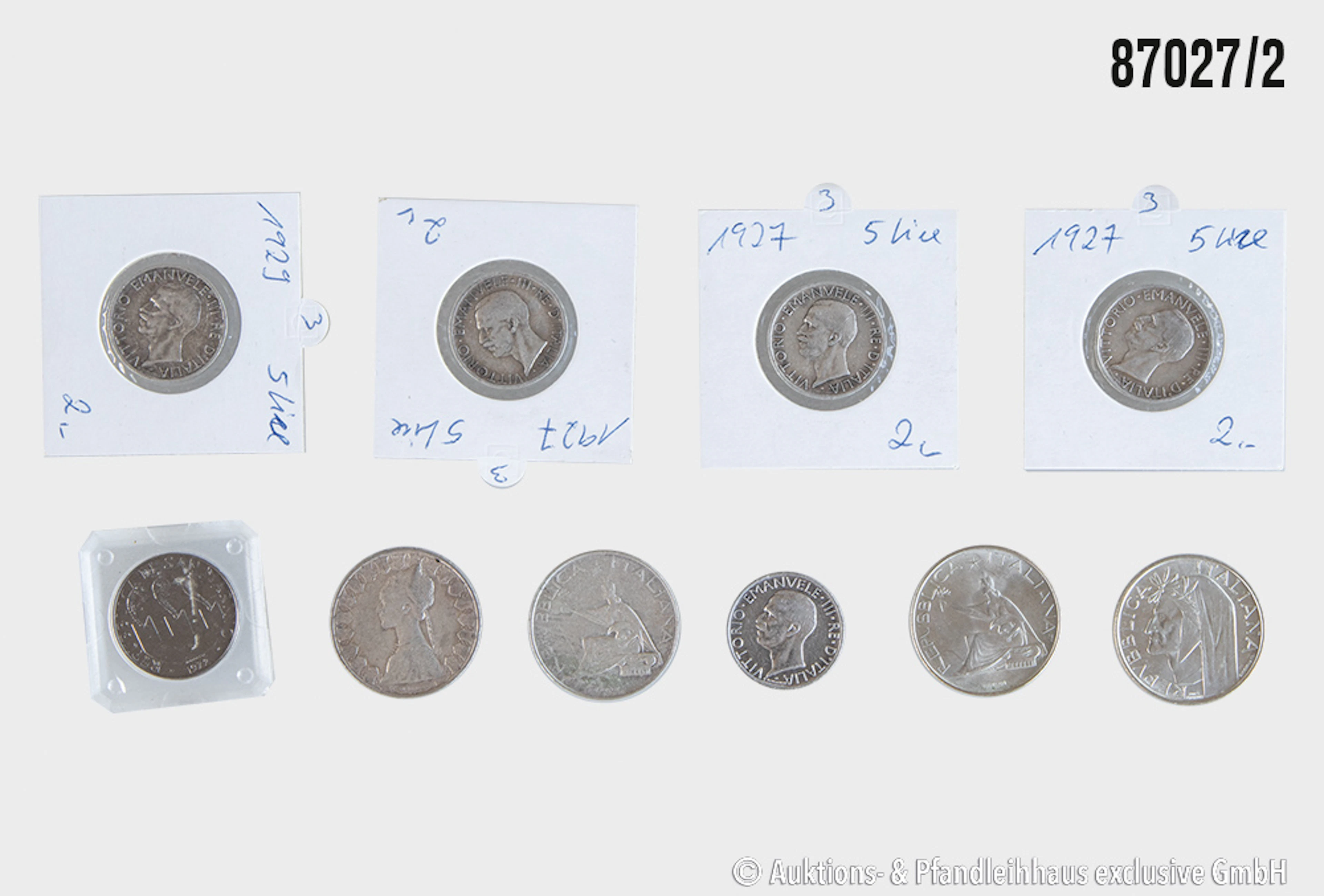 Italien Konvolut 10 Münzen, 5x 5 Lire davon 4x 1927 u. 1x 1929, Silber