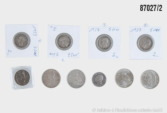 Italien Konvolut 10 Münzen, 5x 5 Lire davon 4x 1927 u. 1x 1929, Silber