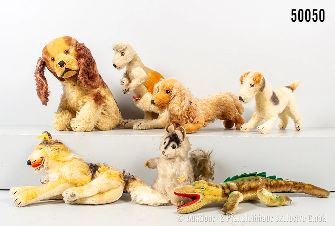 Steiff Tiere, 50er Jahre, Collie, Chinchilla, Känguru, Cocker Spaniel