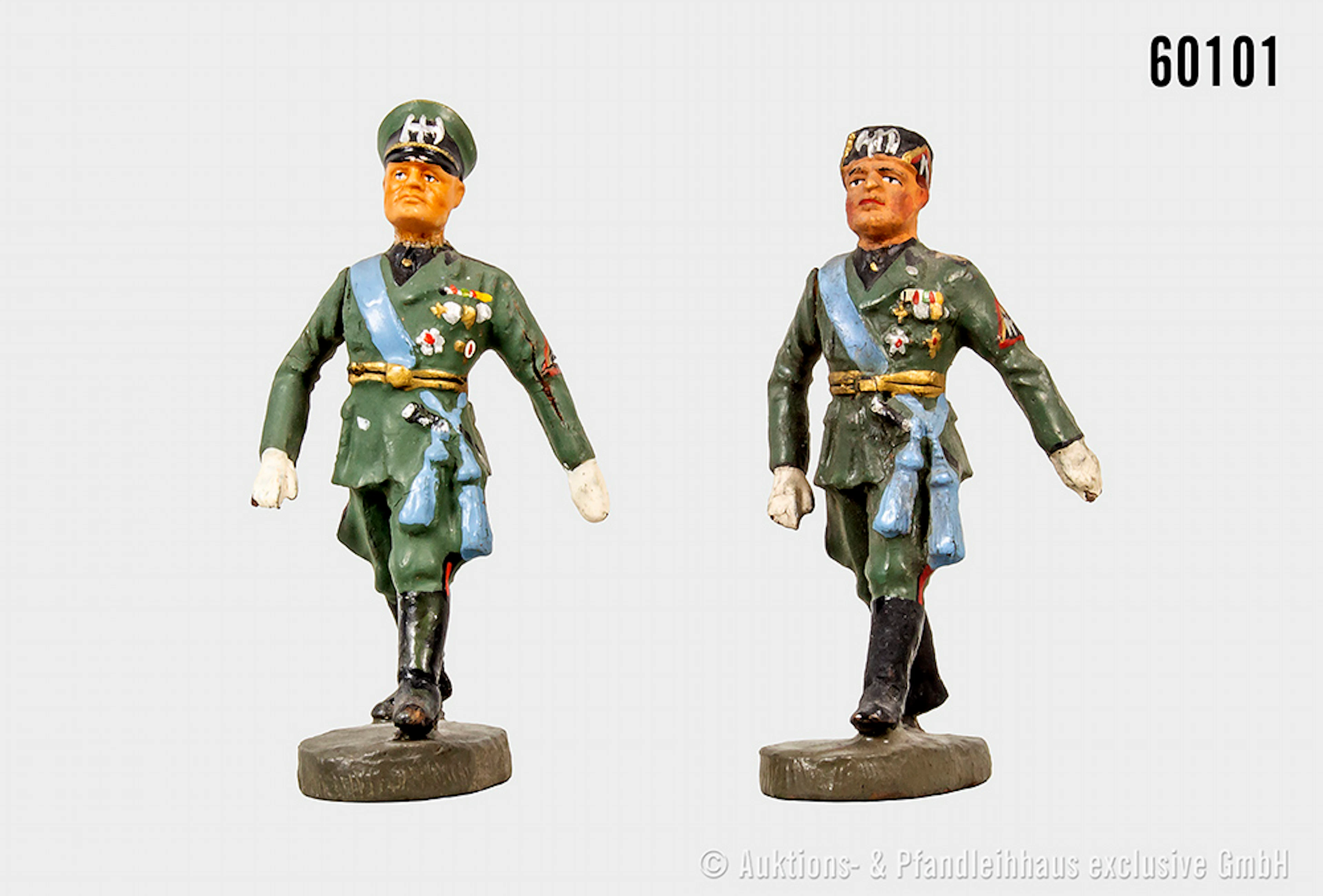2 x Elastolin Mussolini im Marsch mit beweglichem Grußarm, 1 x Porzellankopf