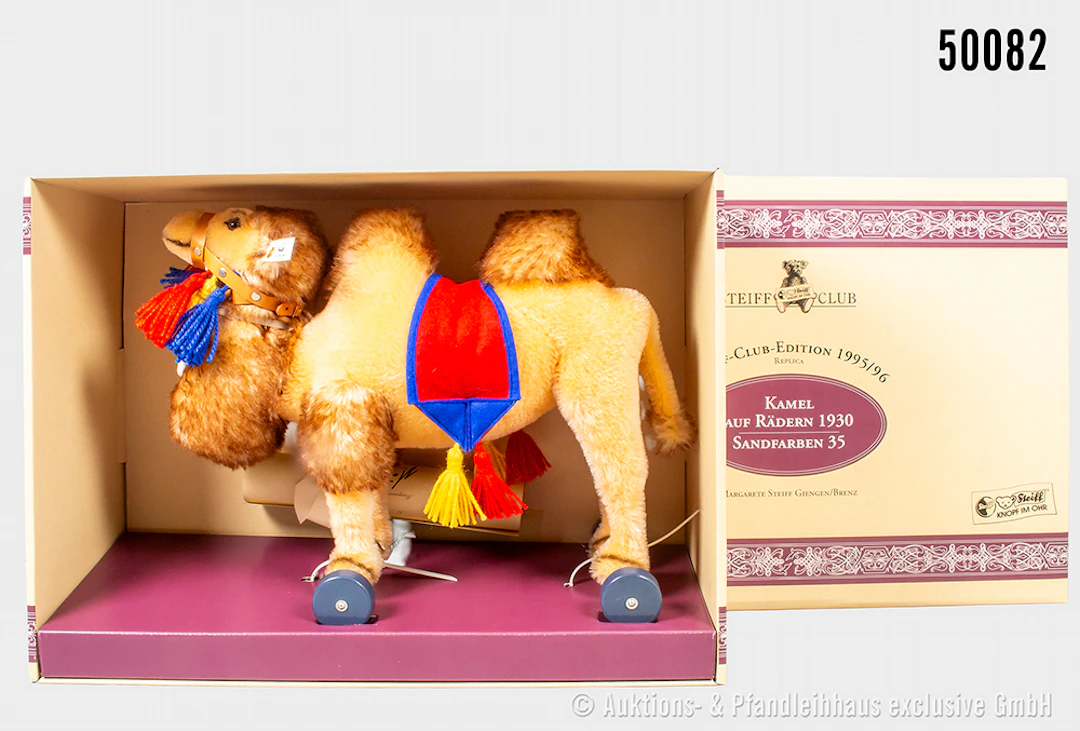 Steiff Replika Kamel auf Rädern, Mohair, KF, Porzellanplakette, Nr.