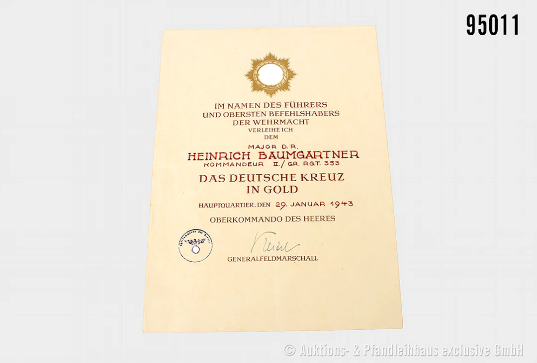 Große Verleihungsurkunde für das Deutsche Kreuz in Gold, 29.1.1943