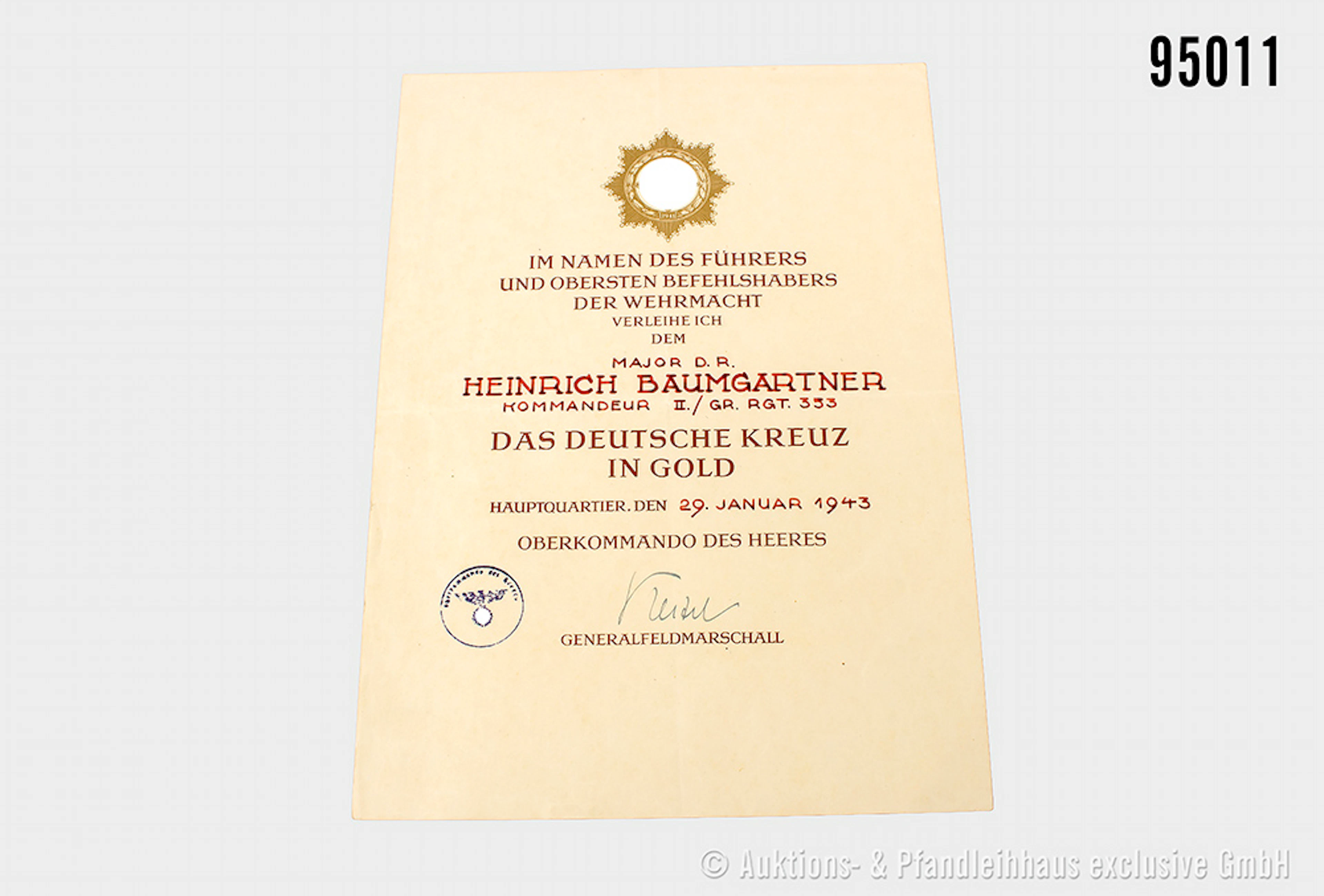 Große Verleihungsurkunde für das Deutsche Kreuz in Gold, 29.1.1943