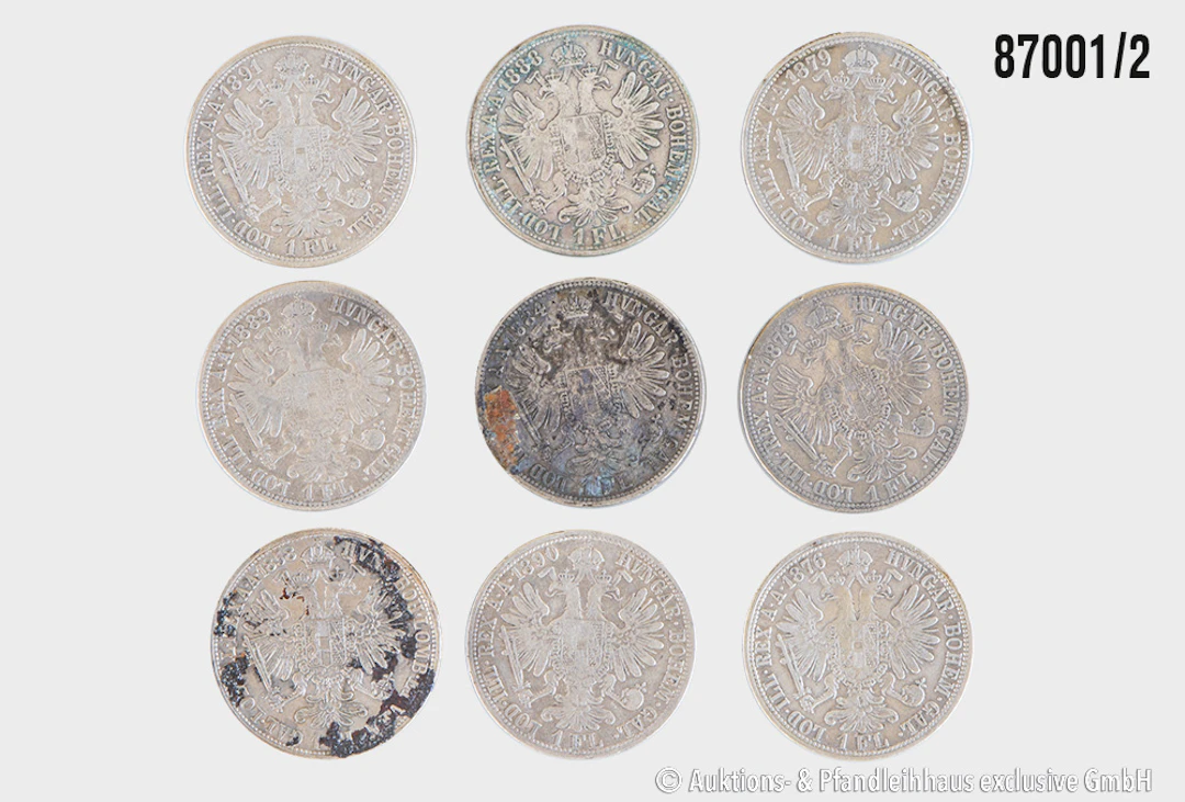 Österreich / Ungarn Konvolut 9x 1 Florin, Jahrgänge 1858 A, 1876