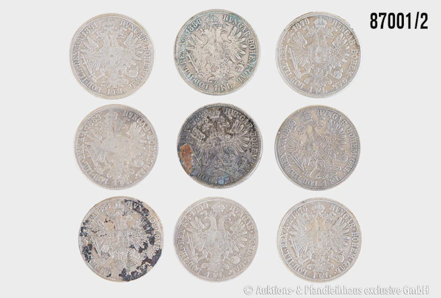 Österreich / Ungarn Konvolut 9x 1 Florin, Jahrgänge 1858 A, 1876