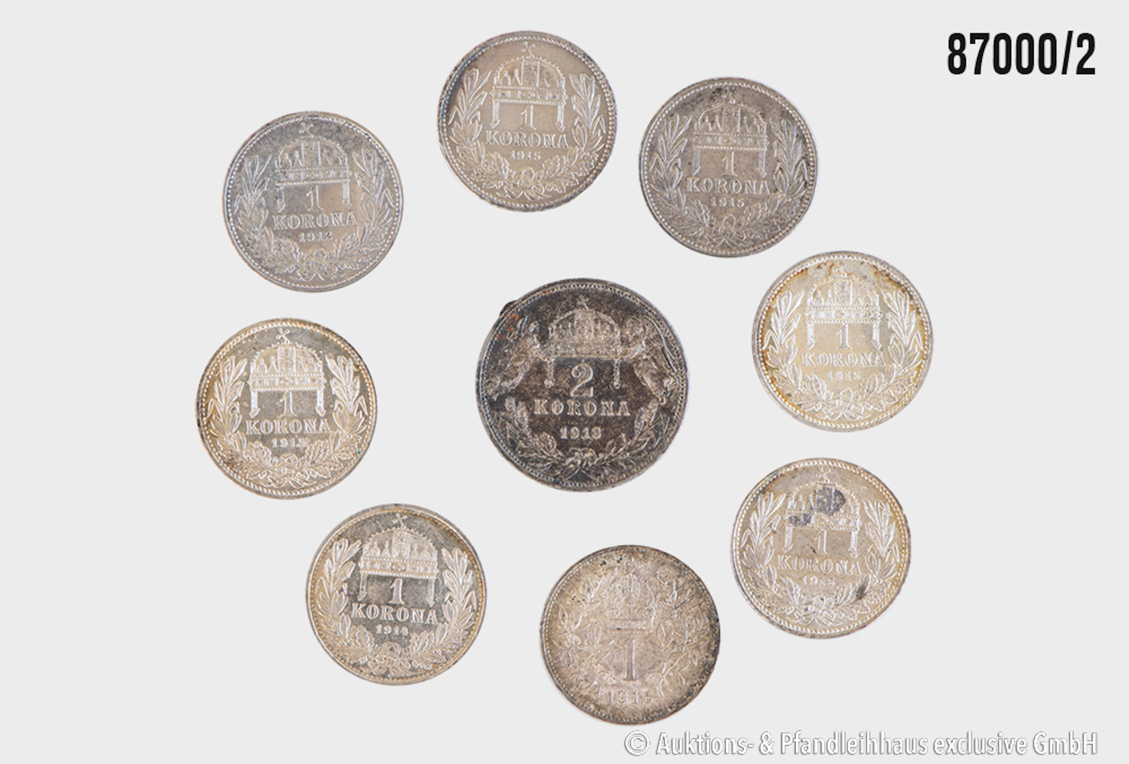 Österreich / Ungarn Konvolut 9 Münzen, 8x 1 Korona (1x 1912, 1x 1914
