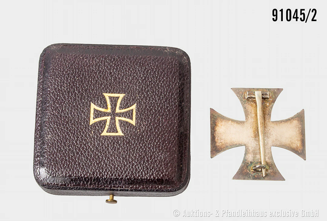 EK 1 1914, Hersteller "WS" neben dem Nadelhaken, im Etui, mit Überkarton