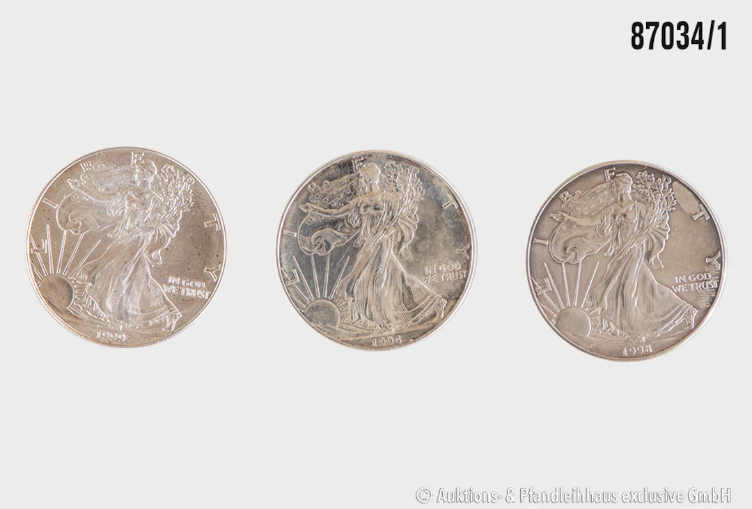 USA 3x 1 Dollar, 1 Unze Feinsilber 999, 1994, 1998, 1x 1999 in pp