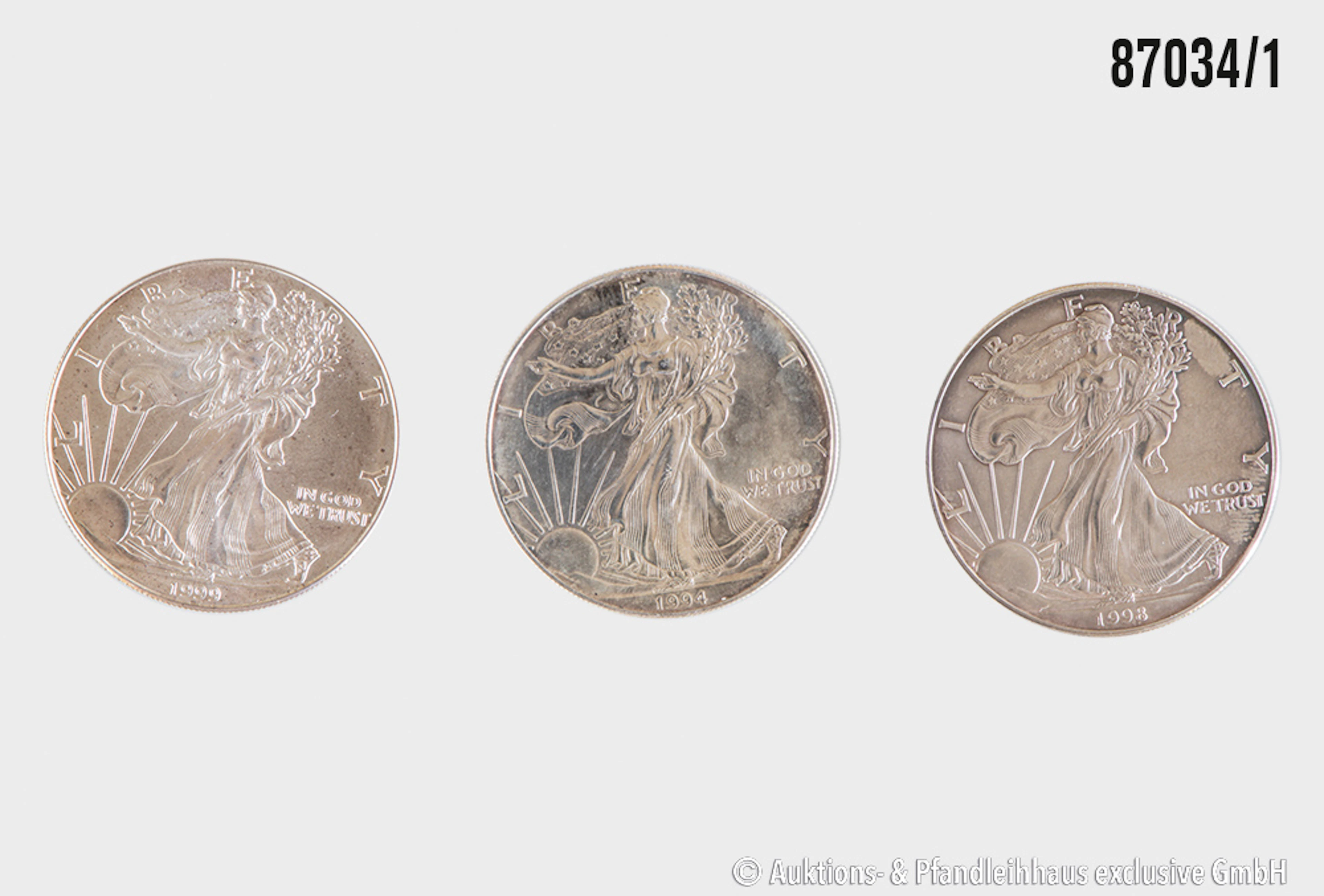 USA 3x 1 Dollar, 1 Unze Feinsilber 999, 1994, 1998, 1x 1999 in pp