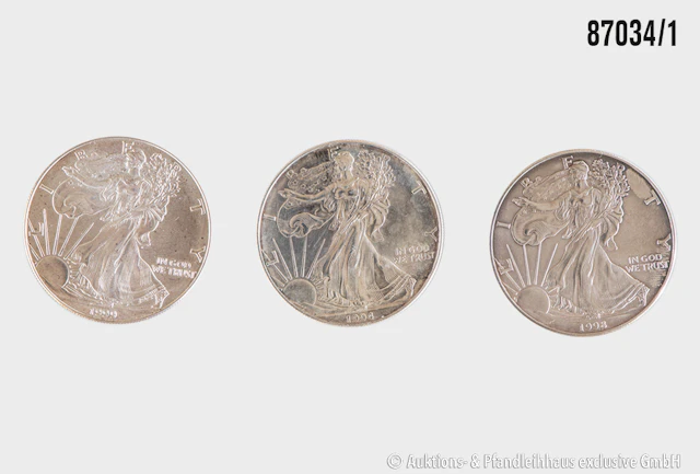 USA 3x 1 Dollar, 1 Unze Feinsilber 999, 1994, 1998, 1x 1999 in pp