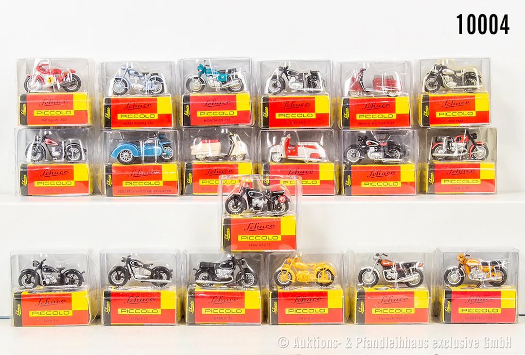 Schuco Piccolo Krafträder, Motorräder, teils mit Beiwagen und Vespas