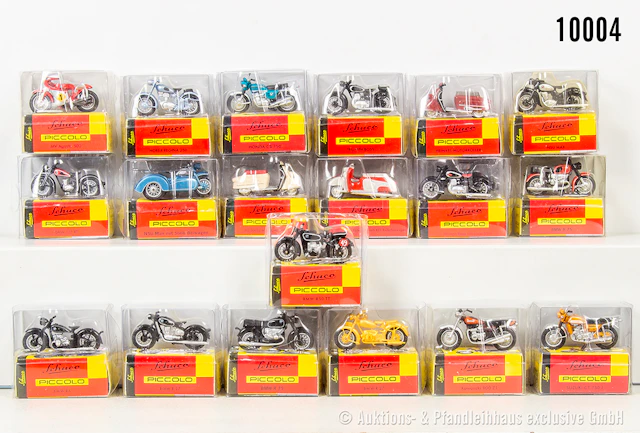 Schuco Piccolo Krafträder, Motorräder, teils mit Beiwagen und Vespas