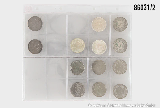BRD Konvolut 13 Münzen, 5x 5 Mark Heiermann, Silber 625, 6x 5 Mark