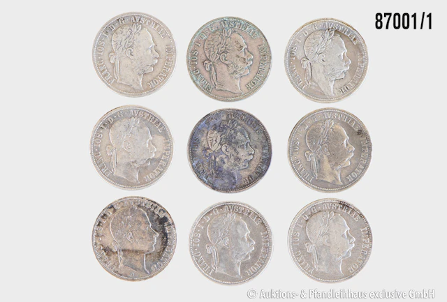 Österreich / Ungarn Konvolut 9x 1 Florin, Jahrgänge 1858 A, 1876