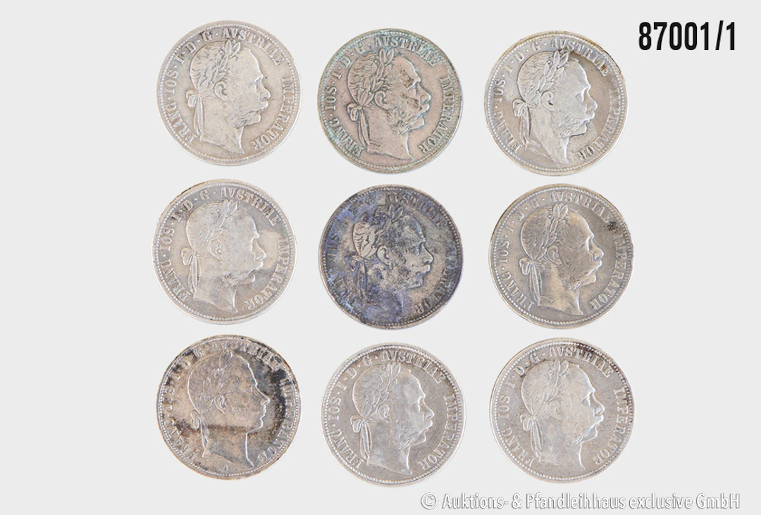 Österreich / Ungarn Konvolut 9x 1 Florin, Jahrgänge 1858 A, 1876
