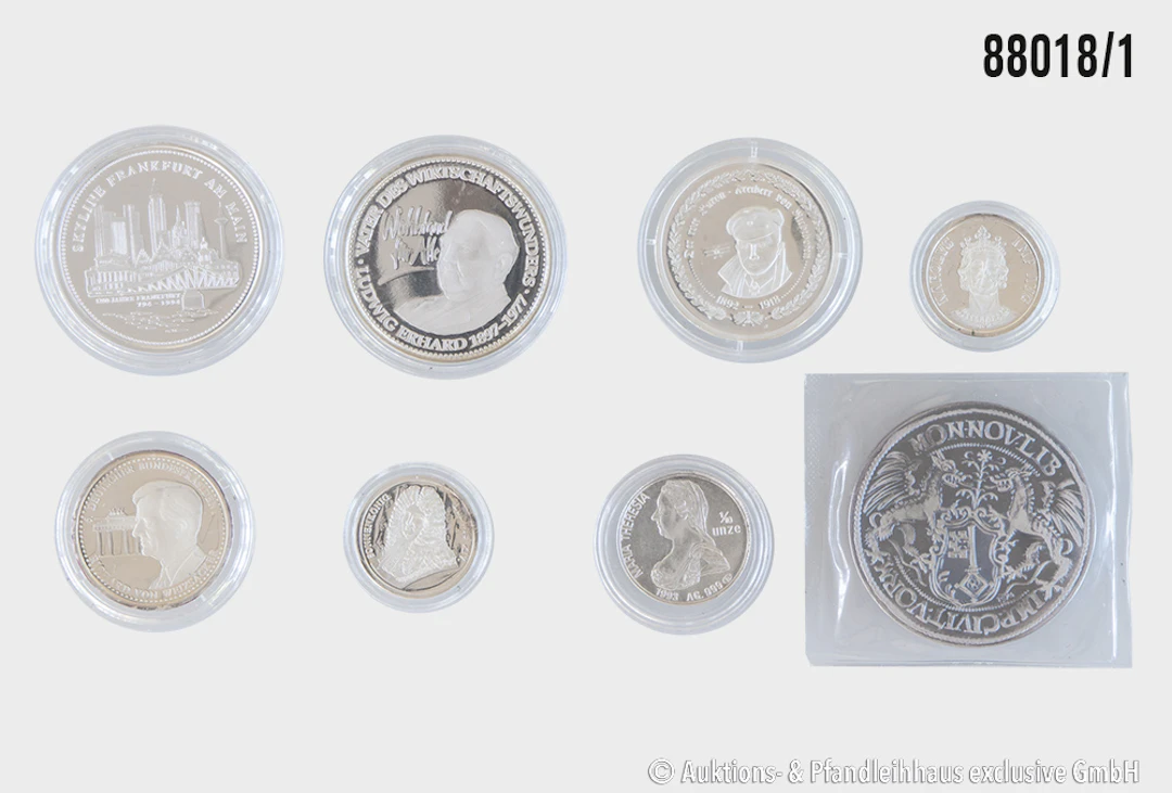 Konvolut 8 Silbermedaillen, 1x Ludwig Ehrhard 1993, Silber 999, 10,39