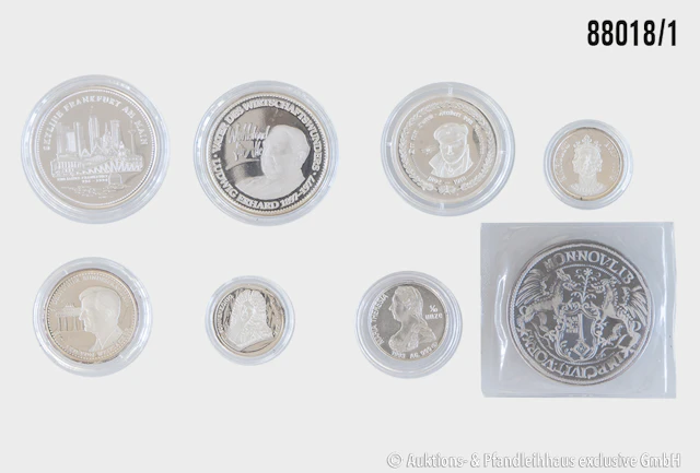 Konvolut 8 Silbermedaillen, 1x Ludwig Ehrhard 1993, Silber 999, 10,39