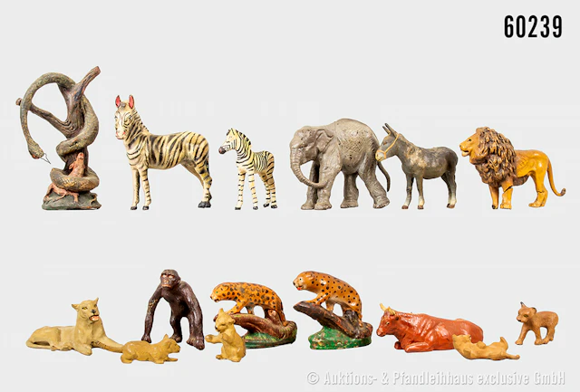 Tiere, u.a. Esel, Zebra, Löwe, Elefant, u.a. Lineol, Elastolin, H
