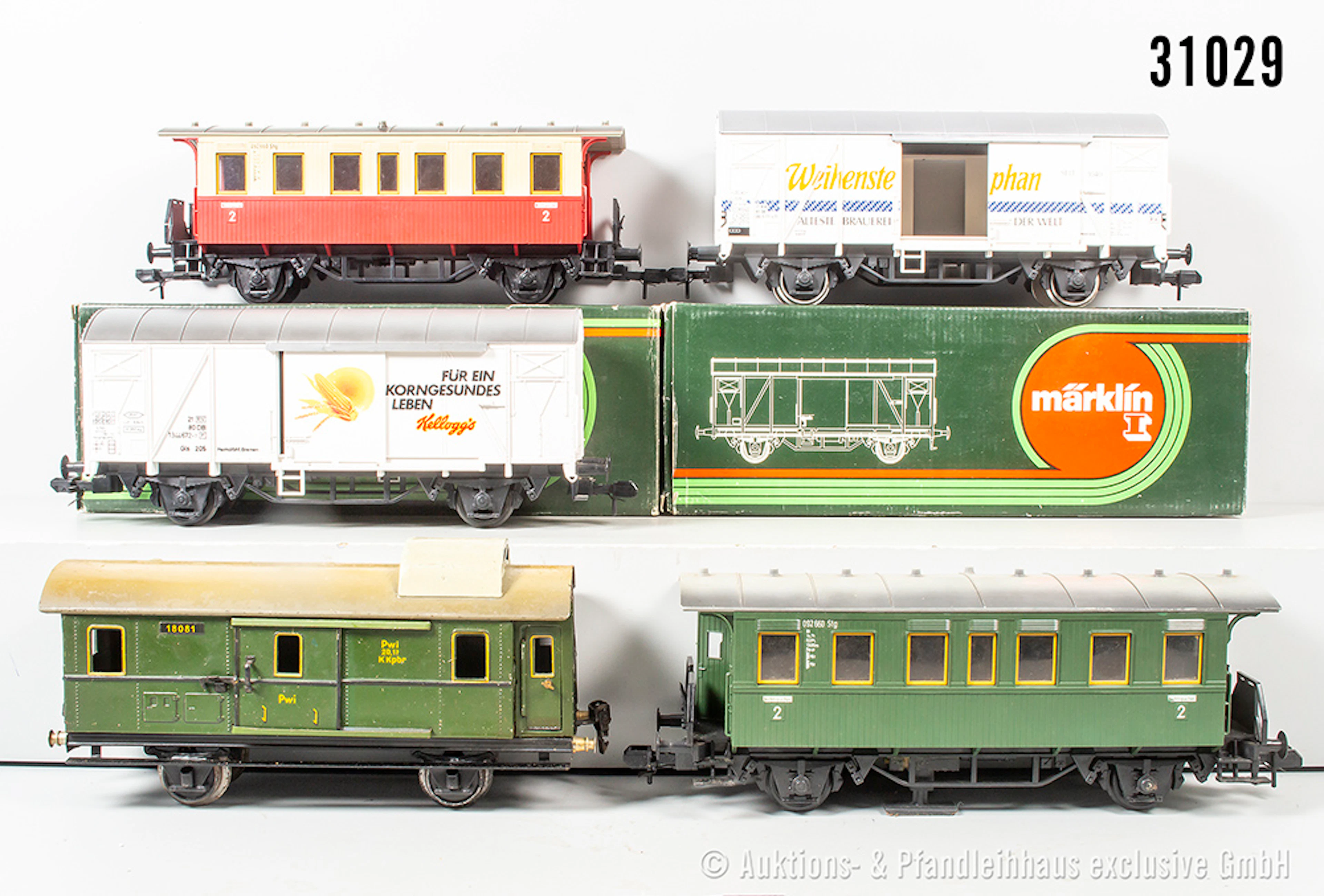 Märklin Spur 1: 1808 Gepäckwagen & 2x Güterwagen 5827, 5888 & 2x Reisezugwagen
